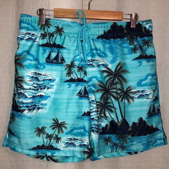 George L Tropical Teal Navy Swim Trunks - Picture 1 of 12